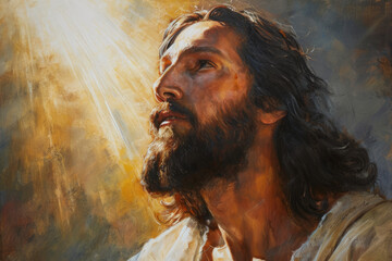 Portrait of Jesus in heaven light