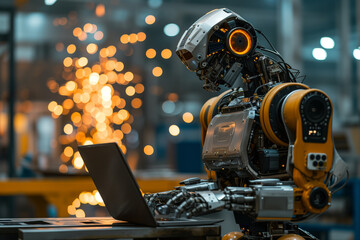 Ai robot using laptop computer on factory warehouse, Industrial, Manufacturing, Automated Assembly, Technology concept, Generative ai.