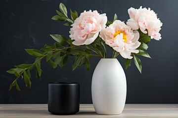 A Minimalist White Vase with a Single Light Pink Peony on a Matte Black Table