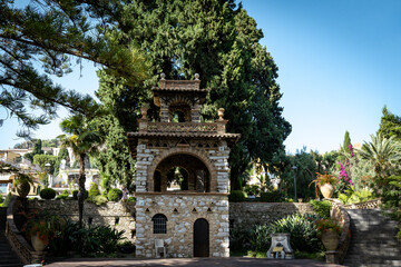 Fototapeta na wymiar Villa comunale garden in Taormina. City park with landscaped gardens and picturesque views in Taormina, Sicily in Italy