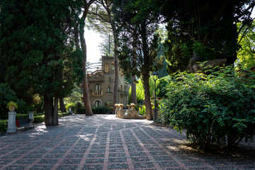 Villa comunale garden in Taormina. City park with landscaped gardens and picturesque views in Taormina, Sicily in Italy