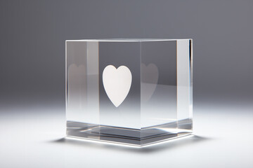 A transparent acrylic cube with an etched love message against a sleek gray backdrop