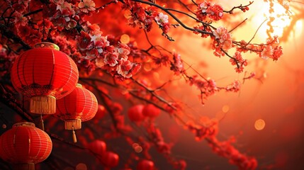 Chinese red background with flowers and lanterns