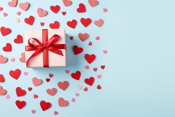 Gift or present box decorated with mixed red hearts for Valentine or Mother day on pastel blue background