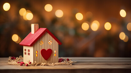 Valentine's day. House symbol on a brown wooden background - obrazy, fototapety, plakaty