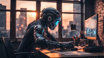 An android robot is sitting at a computer. Cyborg is sitting at the computer and updating the firmware - obrazy, fototapety, plakaty