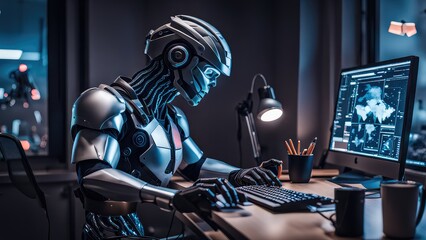 An android robot is sitting at a computer. Cyborg is sitting at the computer and updating the firmware