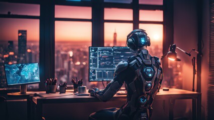 An android robot is sitting at a computer. Cyborg is sitting at the computer and updating the firmware