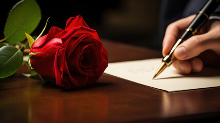 Close up of the hands of a man writing a love letter to his sweetheart with a single romantic red rose with selective colour lying on the desk alongside him - obrazy, fototapety, plakaty