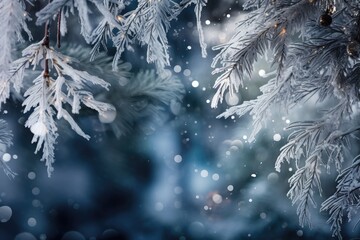 Christmas background with snowy spruce branches on a blue bocke background.Holiday tree,close up.Generative AI