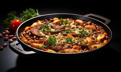 Fototapeta premium Cassoulet of meat, sausages, white beans and vegetables. french traditional food
