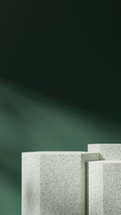 mockup template terrazzo textured hexagon podium in portrait dark green color wall, 3d render image
