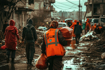 volunteers giving humanitarian aid to the victims