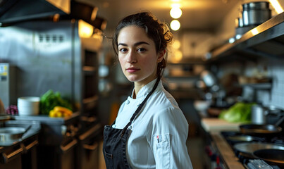 Fototapeta premium Young beautiful woman chef with wearing in white suit at kitchen.