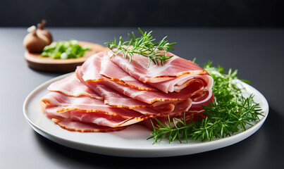Top view slices of ham with herbs on white plate