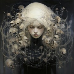 Abstract contemporary surreal portrait of gothic girl with skulls on white hair AI