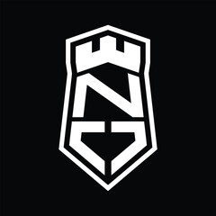NO Letter Logo monogram hexagon shield shape up and down with crown castle isolated style design
