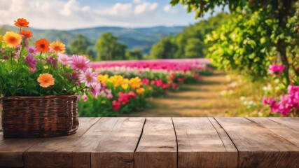 Fototapeta na wymiar Flowers in the garden, Flowers on a table, Flowers in the mountains, Empty wood table top on blur abstract green from the garden. For the montage product display, a wooden table with a garden