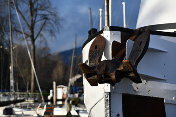 Bow mounted anchor on large fishing vessel.