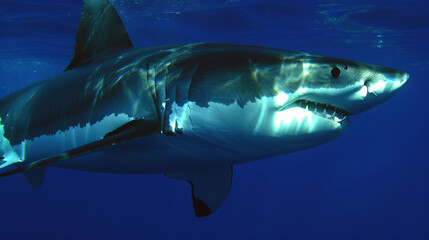 A great white shark, with a white muzzle, swims in the ocean, its sharp details captured in a high-quality photo.
