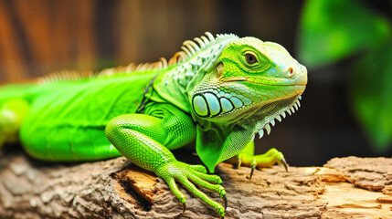 Fototapeta premium A green-skinned lizard, possibly a basilisk or iguana, poses on a tree branch, its reptilian skin detailed in the shot.