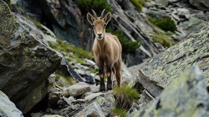 Naklejka premium A goat, with horns and an intense look, stands on rocks, its inquisitive gaze captured as it looks straight at the camera.