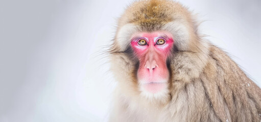 A monkey, with a pink face and large red eyes, stares directly at the camera, its serious expression frozen in a frontal portrait.
