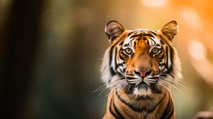 A tiger, its fierce expression and intense look captured in a majestic forest portrait, smiles at the camera.