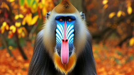 A mandrill's face, extremely colorful and stylized, is captured in a digital art animal photo against a tree background, its breathtaking beauty evident. - obrazy, fototapety, plakaty