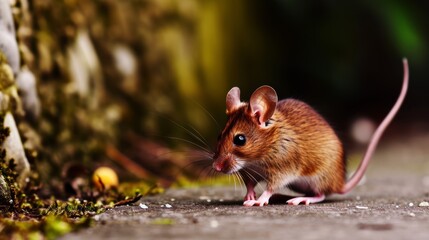 A mouse, possibly a forest rodent, sits next to a stone wall, its anthropomorphic features and tiny body captured in a photo.