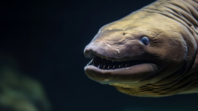 A large fish, possibly a shark or gulper eel, opens its mouth wide, revealing its teeth in a deep-sea portrait.