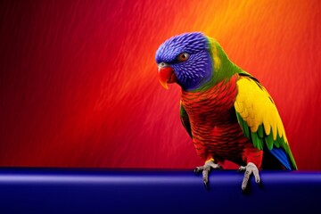A vibrant, colorful bird, possibly a parrot, sits on a table against a deeply saturated, colorful background.
