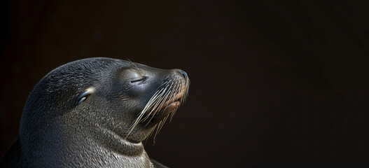 Fototapeta premium A seal, its eyes closed in a meditative pose, appears relaxed against a gold or blue background, embodying a zen feeling.