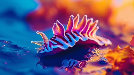 A sea slug, possibly a nudibranch, displays neon color bioluminescence in a marine environment. - obrazy, fototapety, plakaty
