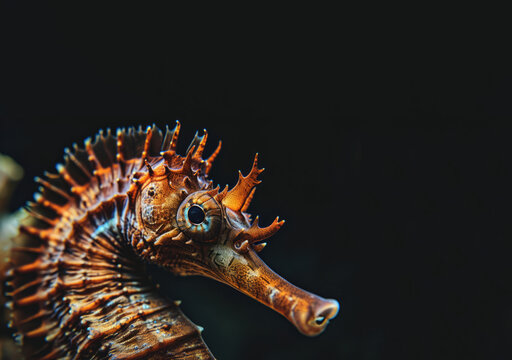 A seahorse, possibly a sea dragon, is captured in a full view, its head and realistic lance prominent underwater.