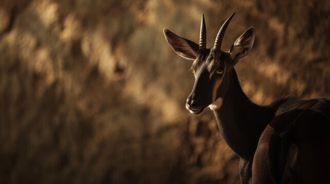 An antelope, possibly a gerenuk, stands in front of a rock wall, its dark doe eyes captured in dramatic three-point lighting.