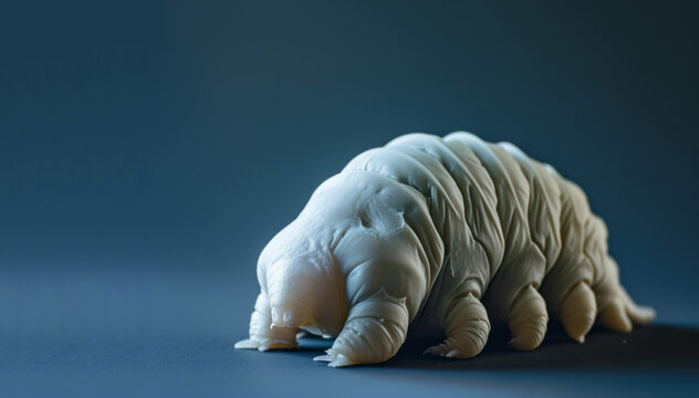 A microscopic tardigrade, also known as a water bear, is captured on a table, its colossal fluffy appearance intriguing.