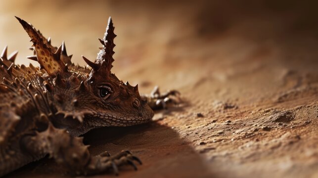 A lizard, possibly a curved horned dragon, is captured on a dirt ground, its long spikes and spiky skin evident.
