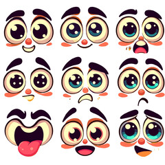 Cartoon faces. Funny face expressions, caricature emotions. Cute character with different expressive eyes and mouth