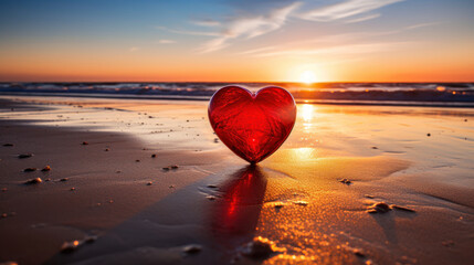 Fototapeta premium Valentines Day concept. Romantic love symbol of red heart on the sand beach with copy space. Template for Inspirational compositions and quote postcards.