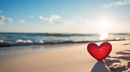 Foto op Plexiglas Valentines Day concept. Romantic love symbol of red heart on the sand beach with copy space. Template for Inspirational compositions and quote postcards. © Kowit