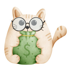 Cat wearing eyeglasses hugs money bag. Money saving and Financial Investment concept
