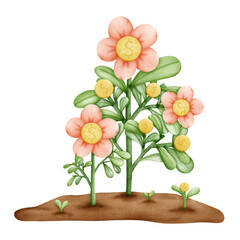 Mature flowers and golden coins. Money saving and Financial Investment concept