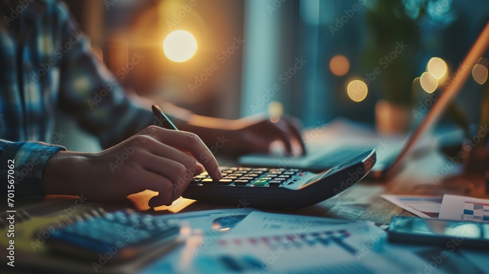Poster accountant working on desk in office using calculator to calculate budget