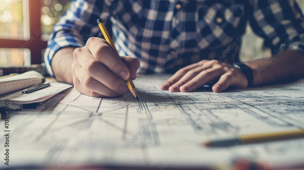 Aufkleber architect sketching, designing blueprint or doing architecture