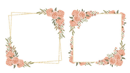 Watercolor floral border / wreath / frame with bright peach color, white, pink, vivid flowers, green leaves, for wedding invites, wallpapers, fashion, transparent background, texture, wrapping.