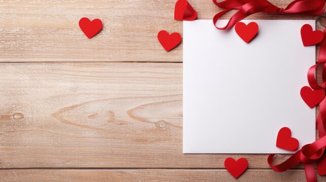 Red paper hearts cut on white paper isolated on wooden background. Generate AI image