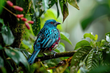 A Spangled Cotinga in its natural habitat, perched on a branch amidst lush tropical foliage