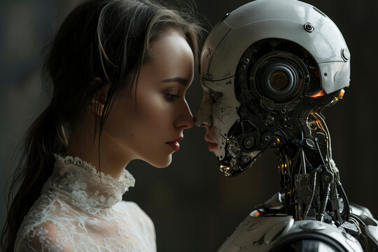 Woman opposite AI. The concept of confrontation between humanity and artificial intelligence