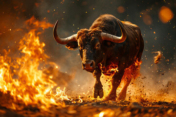 Bull running on fire. Business bull market concept